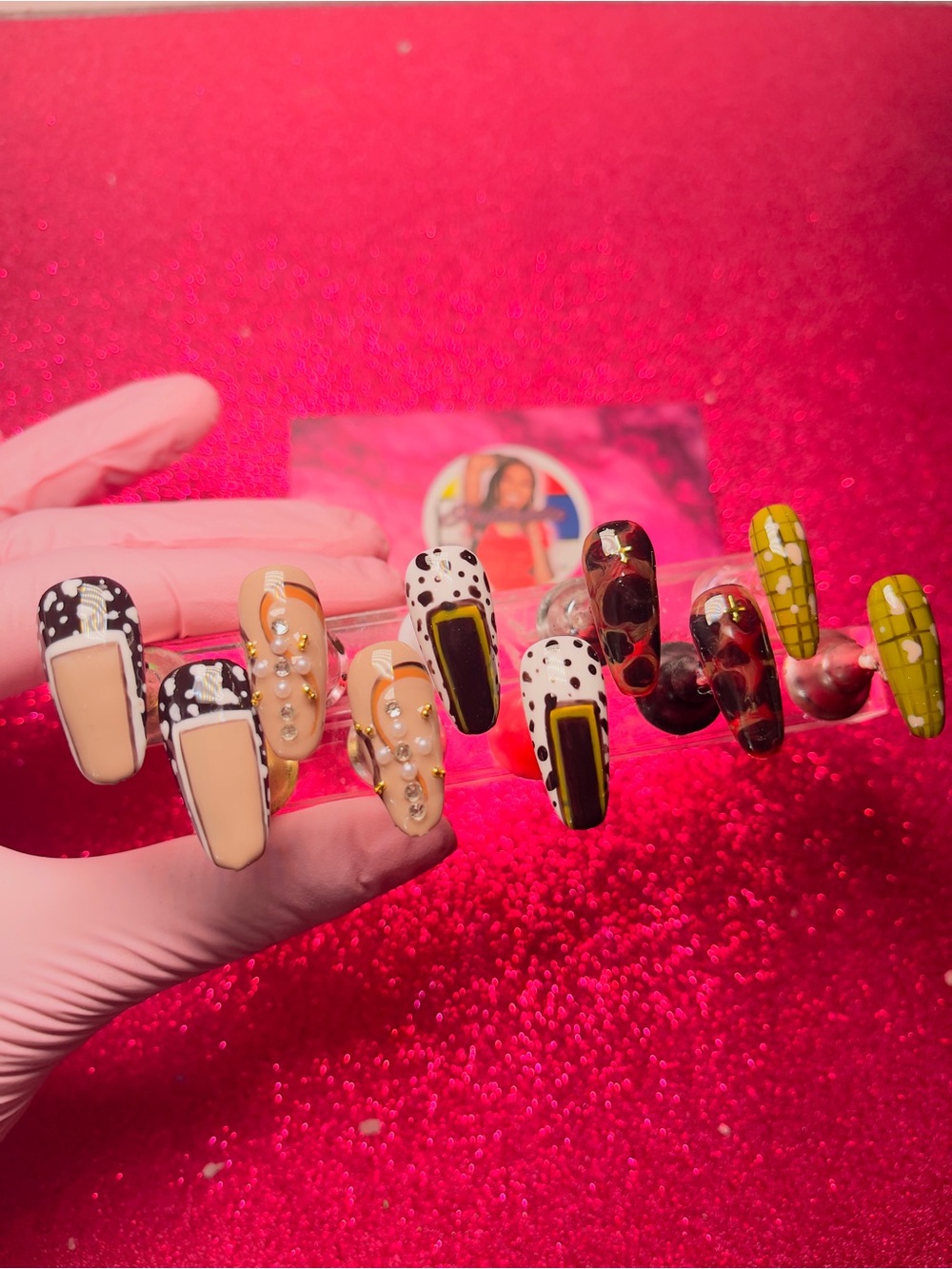 Handmade Mixed-Design Press-On Nail Set in Pink, Beige, White, Black, Green